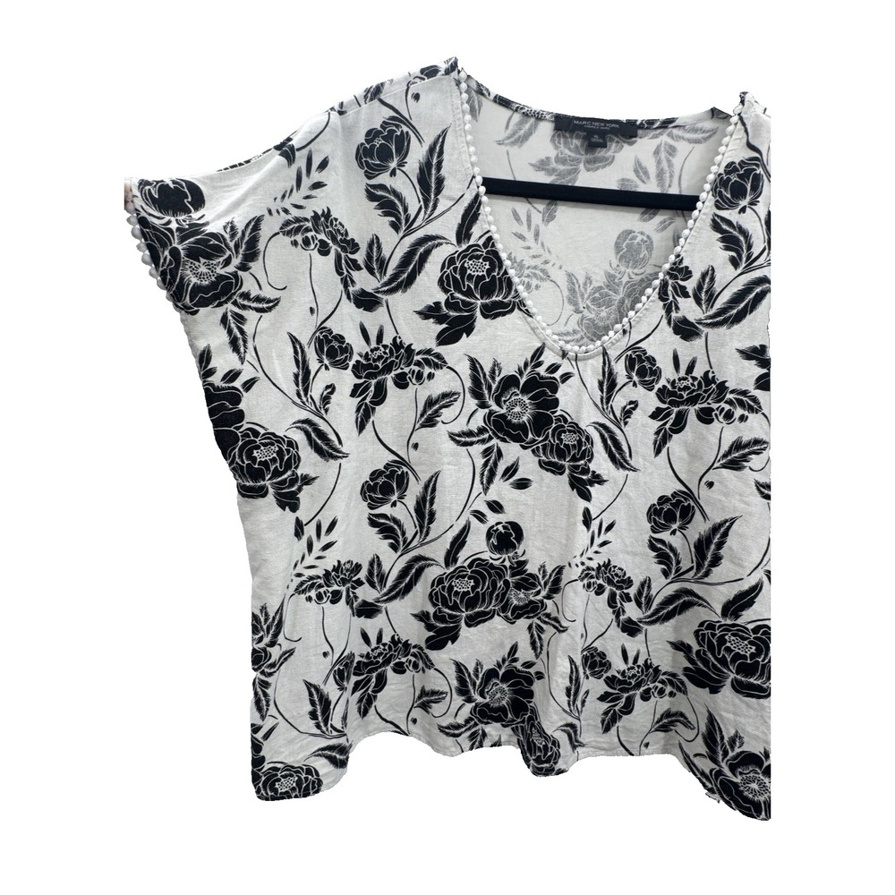 Andrew Marc New York Linen Black White Floral Top XL Boxy V-Neck Cottage Beach